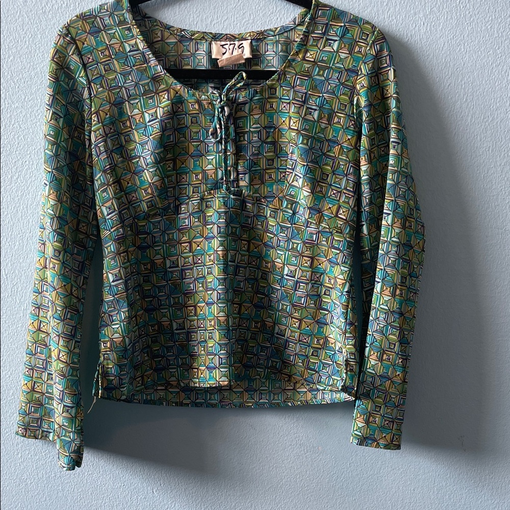 579 Geometric Print Long Sleeve Blouse in Green and Blue